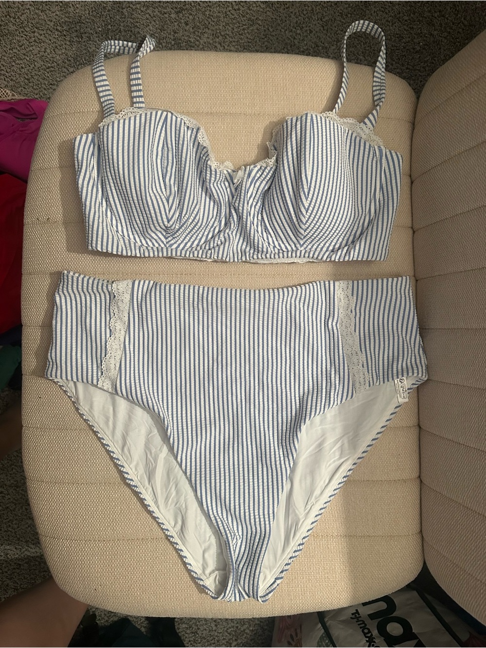 Anthropologie Blue and White Striped High-Waist Bikini Set